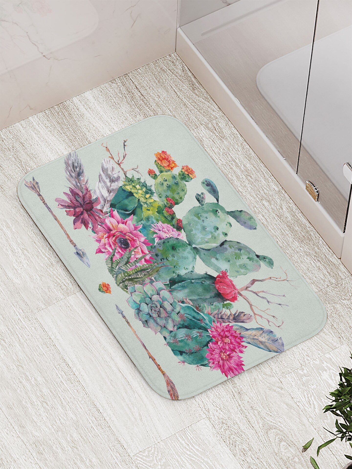 Ambesonne Cactus Bath Mat, Spring Garden with Boho Style Bouquet of Thorny Plants Blossoms Arrows Feathers, Plush Bathroom Decor Mat with Non Slip Backing, 29.5&#x22; X 17.5&#x22;, Mint Green