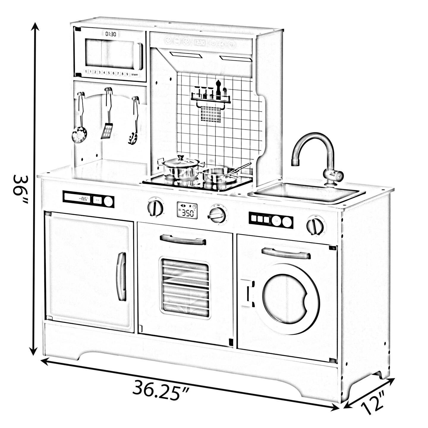 Wooden Play Kitchen Toy, Light on Microwave, Cabinet, Washer, Sound Electronic Stove, Microwave and Sink Ages 3+
