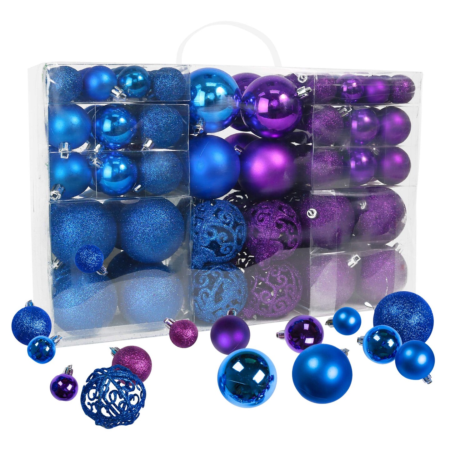 100 Shatterproof Christmas Ornament Balls - Christmas Ornaments For Christmas Tree Home Wedding Or Parties Decorative Ball (Sizes, 1.2&#x22; 1.6&#x22; &#x26; 2.4&#x22; ) (Blue &#x26; Purple)