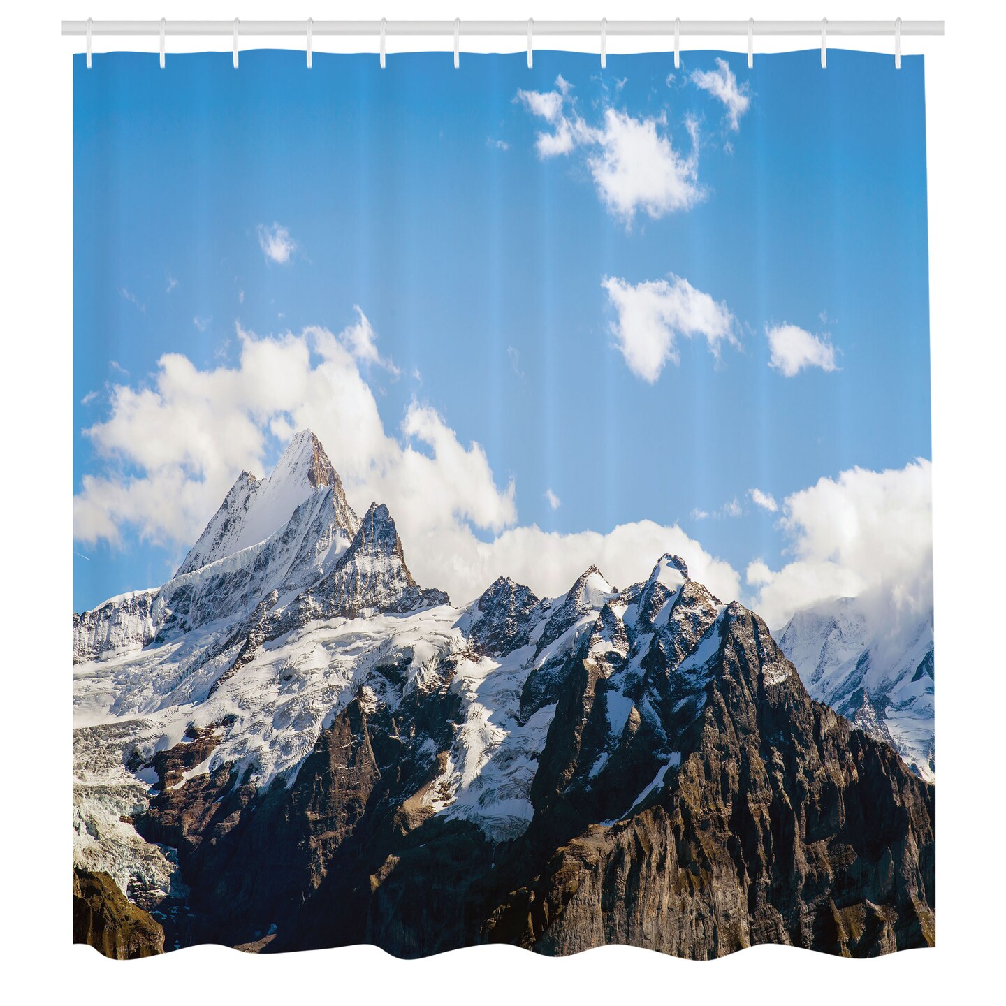 Ambesonne Mountain Shower Curtain, Snowy Mountain Scenery in The Summertime Cloudy Sky Natural Beauty Pattern, Cloth Fabric Bathroom Decor Set with Hooks, 69" W x 70" L, White Blue