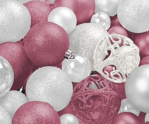 R N&#x27; D Toys 100 Pink and White Christmas Ornament Balls Shatterproof + 100 Metal Ornament Hooks, Hanging Ornaments for Indoor/Outdoor Christmas Tree, Holiday Party, Home D&#xE9;cor