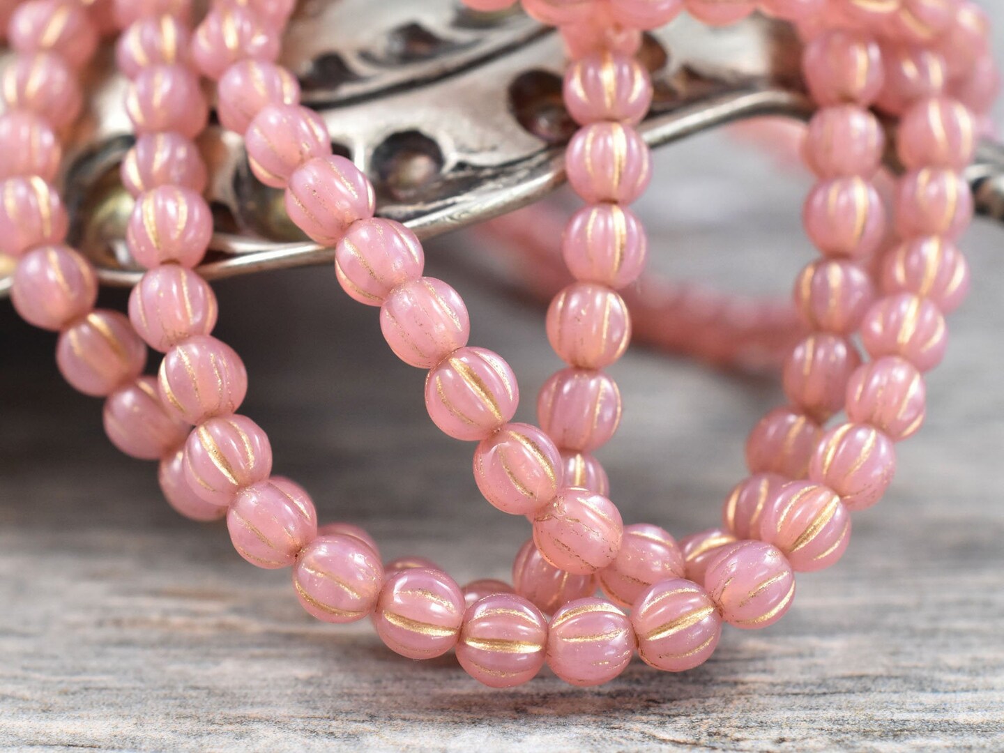 *50* 4mm Gold Washed Pink Opal Fluted Round Melon Beads