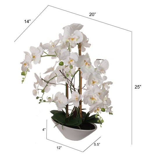 23" White Orchid in Ceramic Boat Vase – Realistic Silk Flower Decor for Home & Office