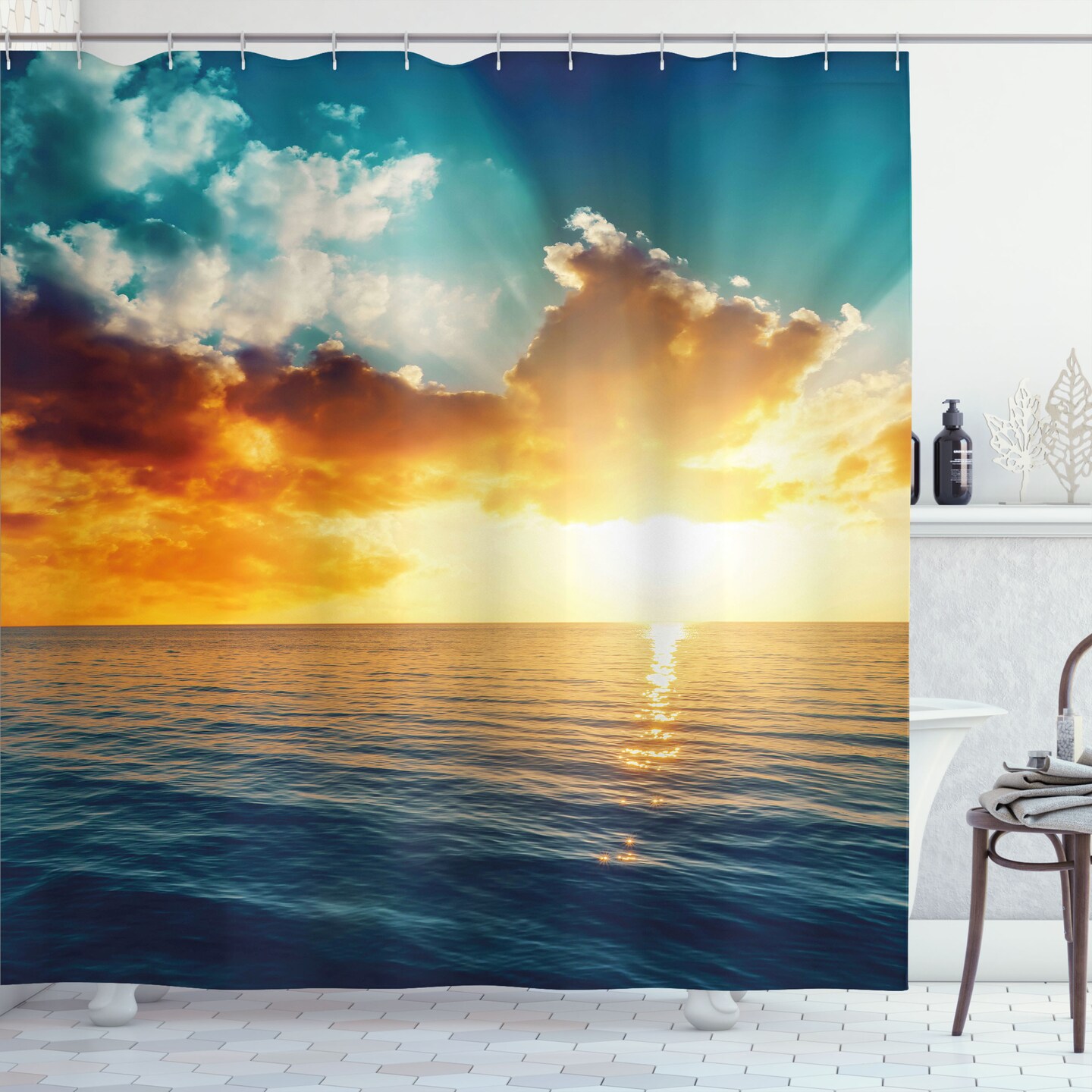 Ambesonne Ocean Shower Curtain, Majestic Sunset Over The Sea Scenic Idyllic  Aquatic View Morning Picture, Cloth Fabric Bathroom Decor Set with Hooks,  69 W x 70 L, Turquoise Orange Blue