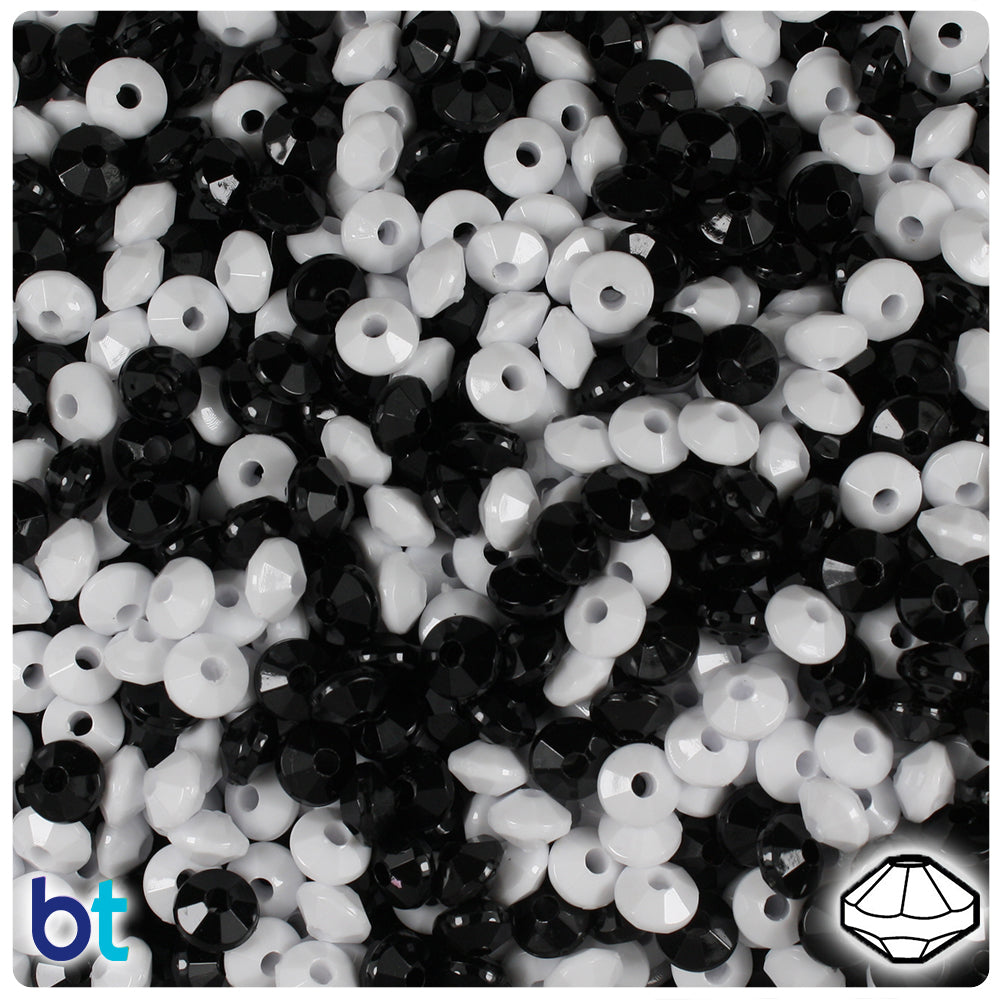 BeadTin Black & White Opaque 6mm Faceted Rondelle Plastic Craft Beads (1350pcs)