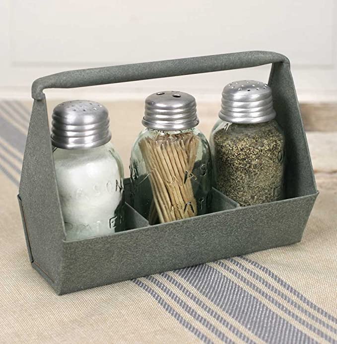 Primitive Industrial Galvanized Toolbox MASON Jar Salt &#x26; Pepper &#x26; Tooth pick Caddy