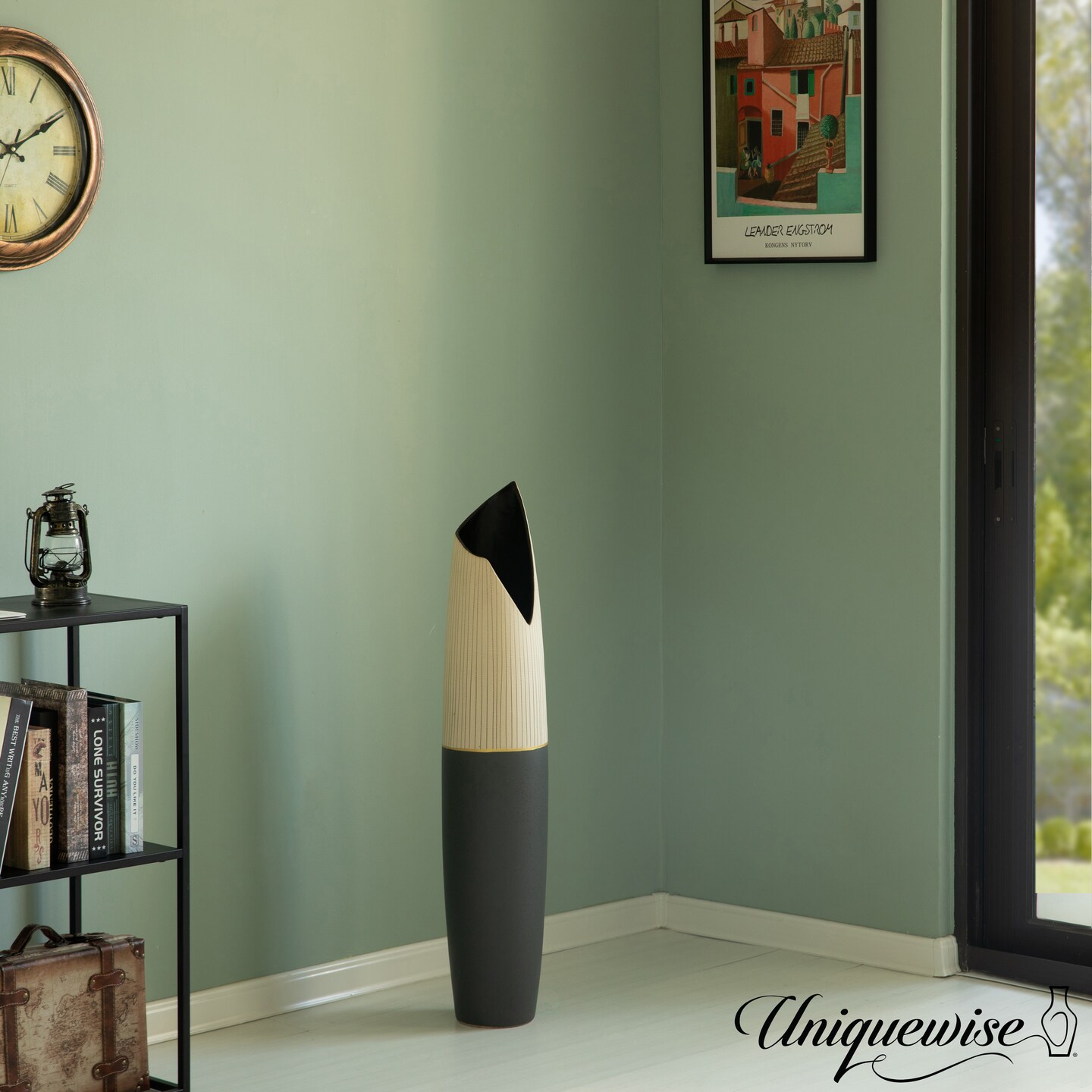  Freestanding Ceramic Floor Vase - Handcrafted Beige Polka Dot Striped Top and Black Bottom, Large Waterproof Vase for Tall Floral Arrangements, Unique Shaped Flower Holder