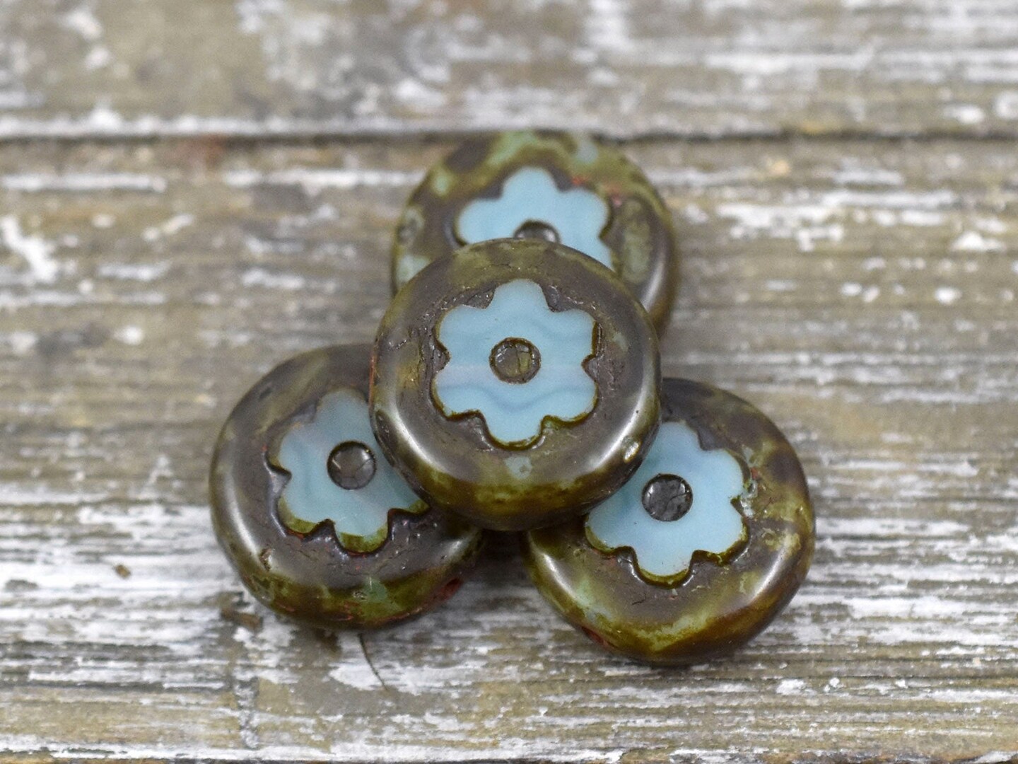 *4* 14mm Milky Aqua Picasso Flower Coin Beads