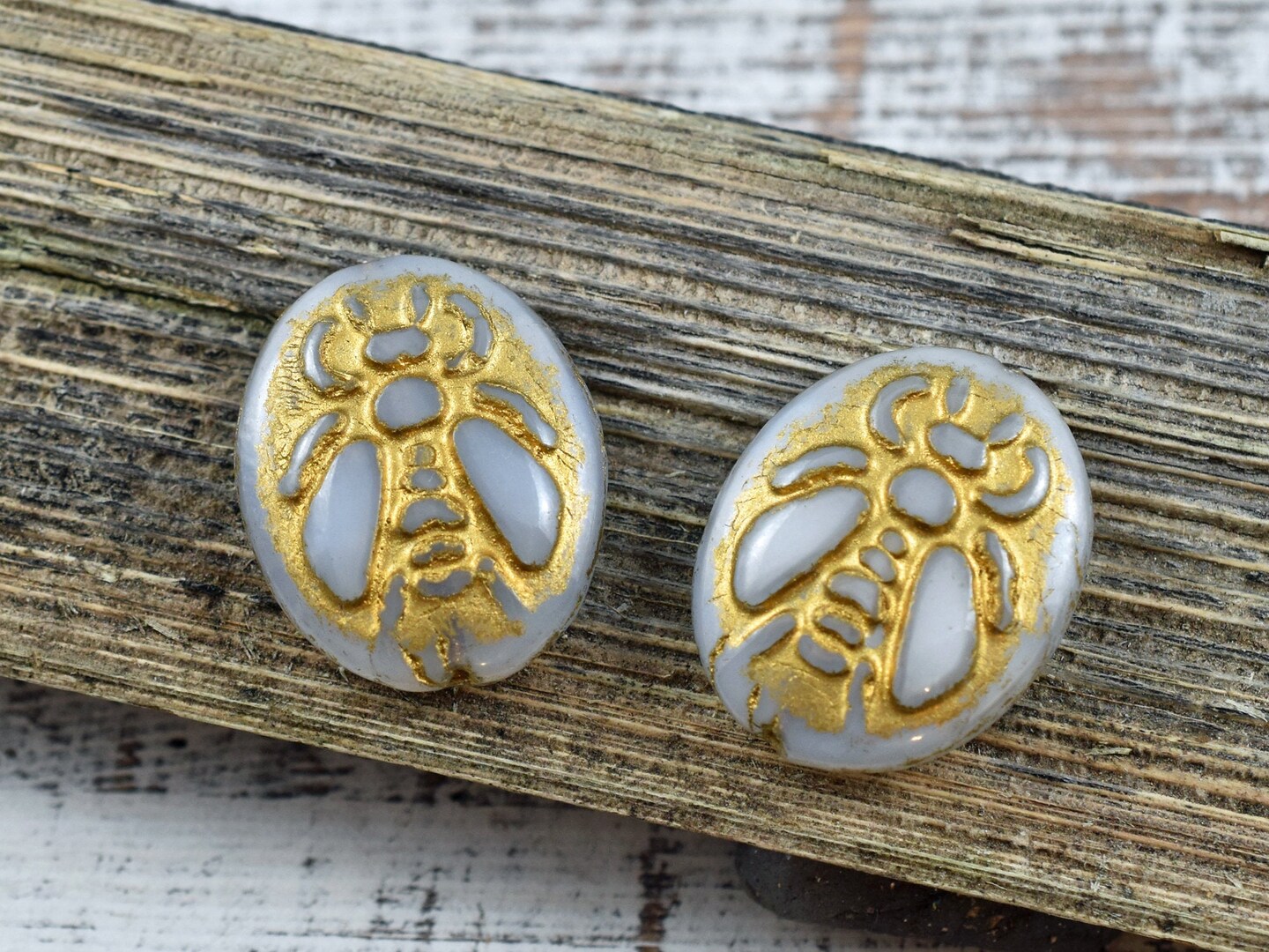 *2* 22x18mm Gold Washed Grey Silk Bumblebee Oval Beads
