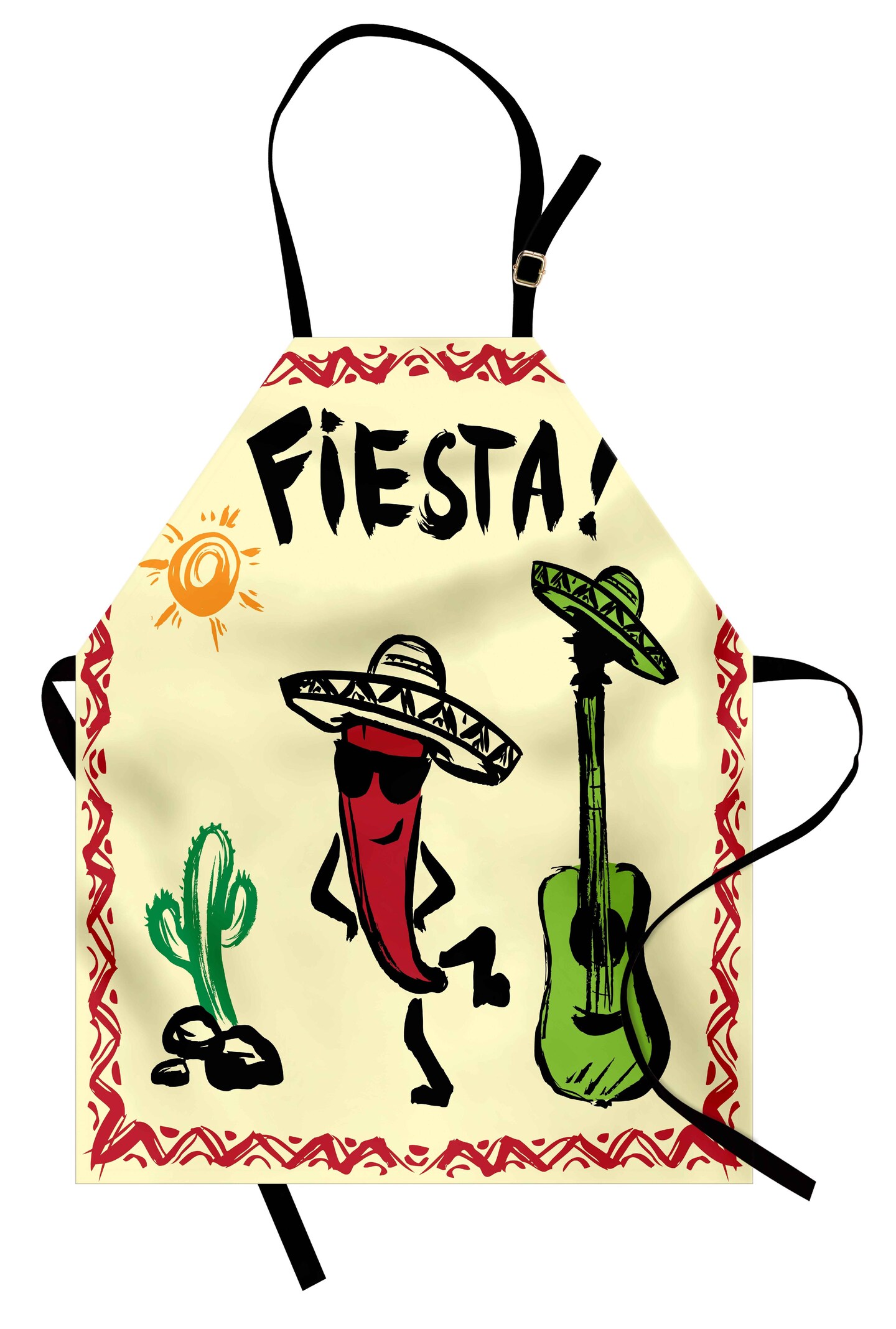 Ambesonne Fiesta Apron, Mexican Party with Maracas Dancing Red Pepper Wearing a Sombrero and Guitar, Unisex Kitchen Bib with Adjustable Neck for Cooking Gardening, Adult Size, Multicolor