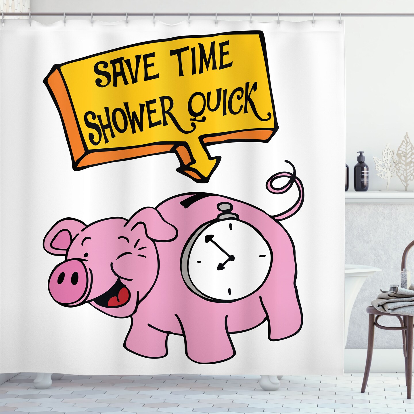Ambesonne Funny Shower Curtain, Piggy Bank Ticking Clock Save Time Quick Lettering Morning Routine Fun Theme, Cloth Fabric Bathroom Decor Set with Hooks, 69" W x 70" L, Pink and Yellow