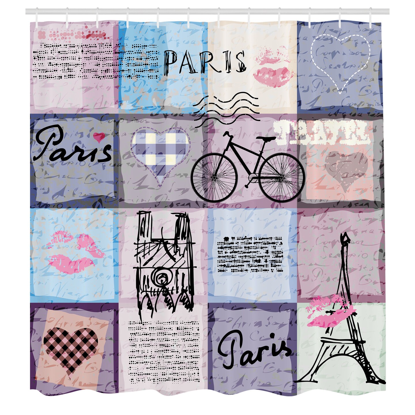 Ambesonne Paris Shower Curtain, Grunge Textured Retro Collage of France Famous Object Eiffel Tower Europe Theme, Cloth Fabric Bathroom Decor Set with Hooks, 69" W x 75" L, Pale Grey Cream Soft Blue