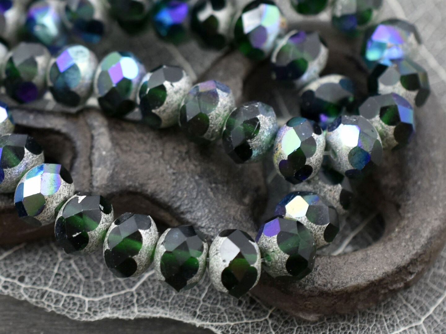 *25* 6x8mm Antique Silver AB Washed Emerald Green Fire Polished Rondelle Beads
