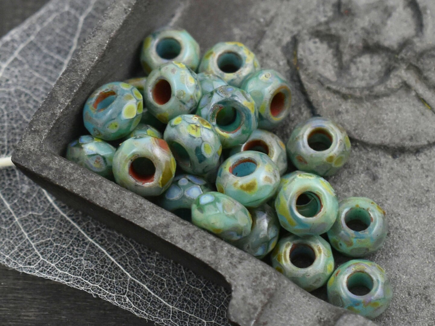 *25* 5x8mm Green Turquoise Picasso Faceted Large Hole Rondelle Roller Beads