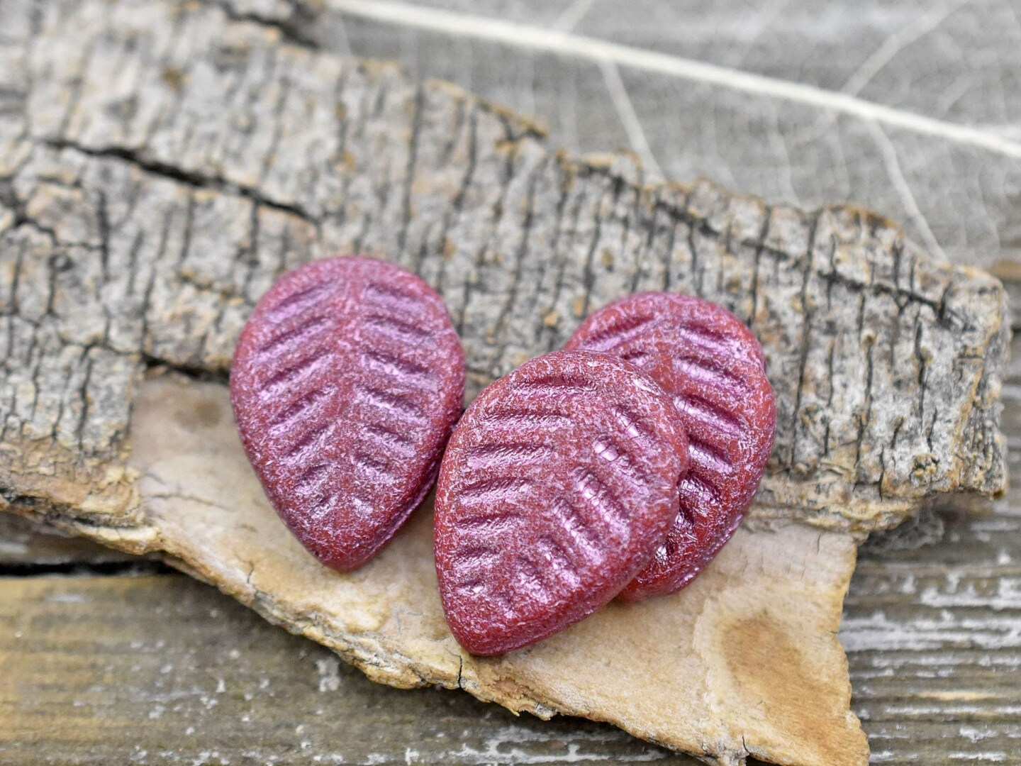 *6* 16x12mm Pink Washed Golden Lustered Red Top Drilled Leaf Beads