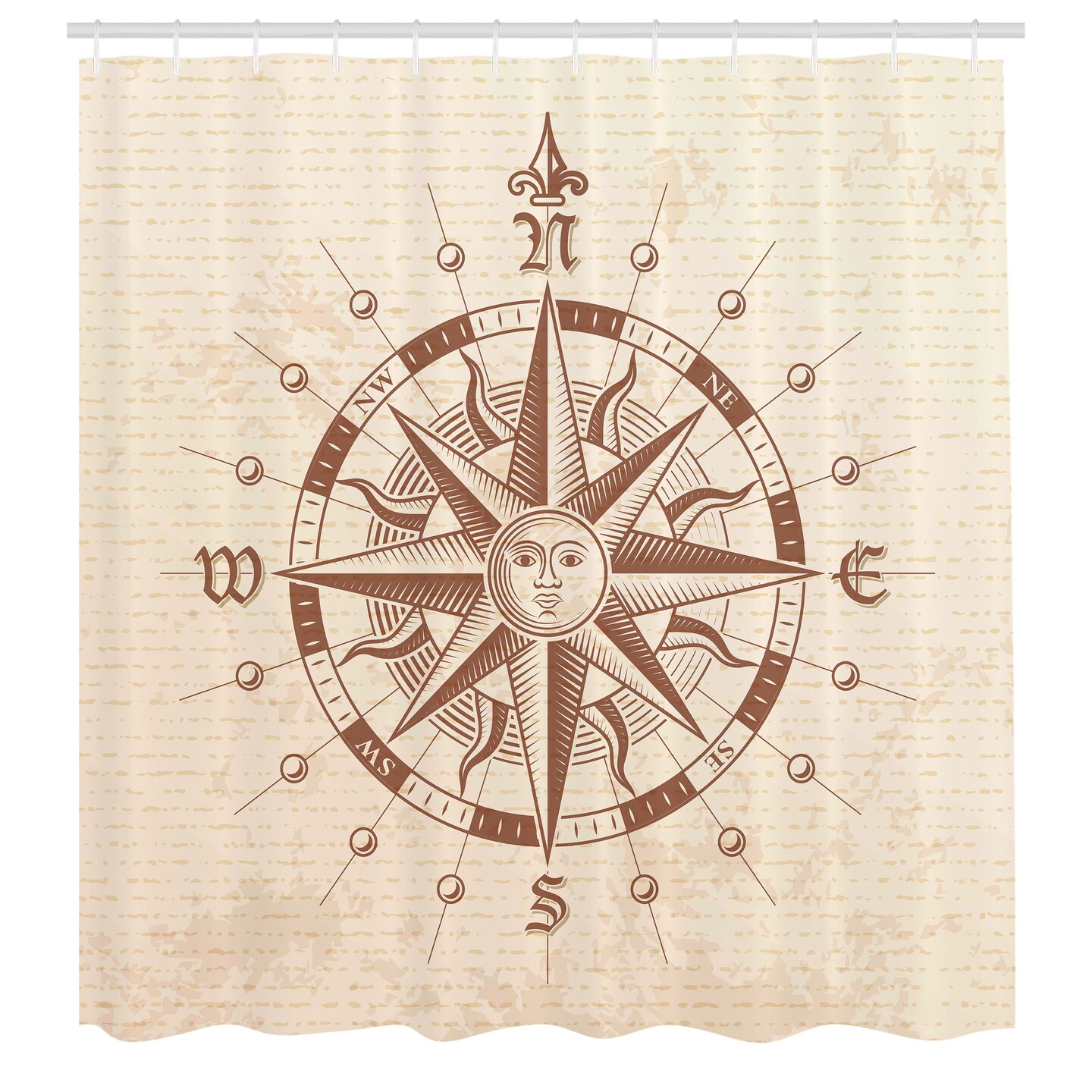 Ambesonne Compass Shower Curtain, Old Compass Rose a Sun Face Lady on It Instrument Distances Between Points Graphic, Cloth Fabric Bathroom Decor Set with Hooks, 69" W x 70" L, Tan Brown