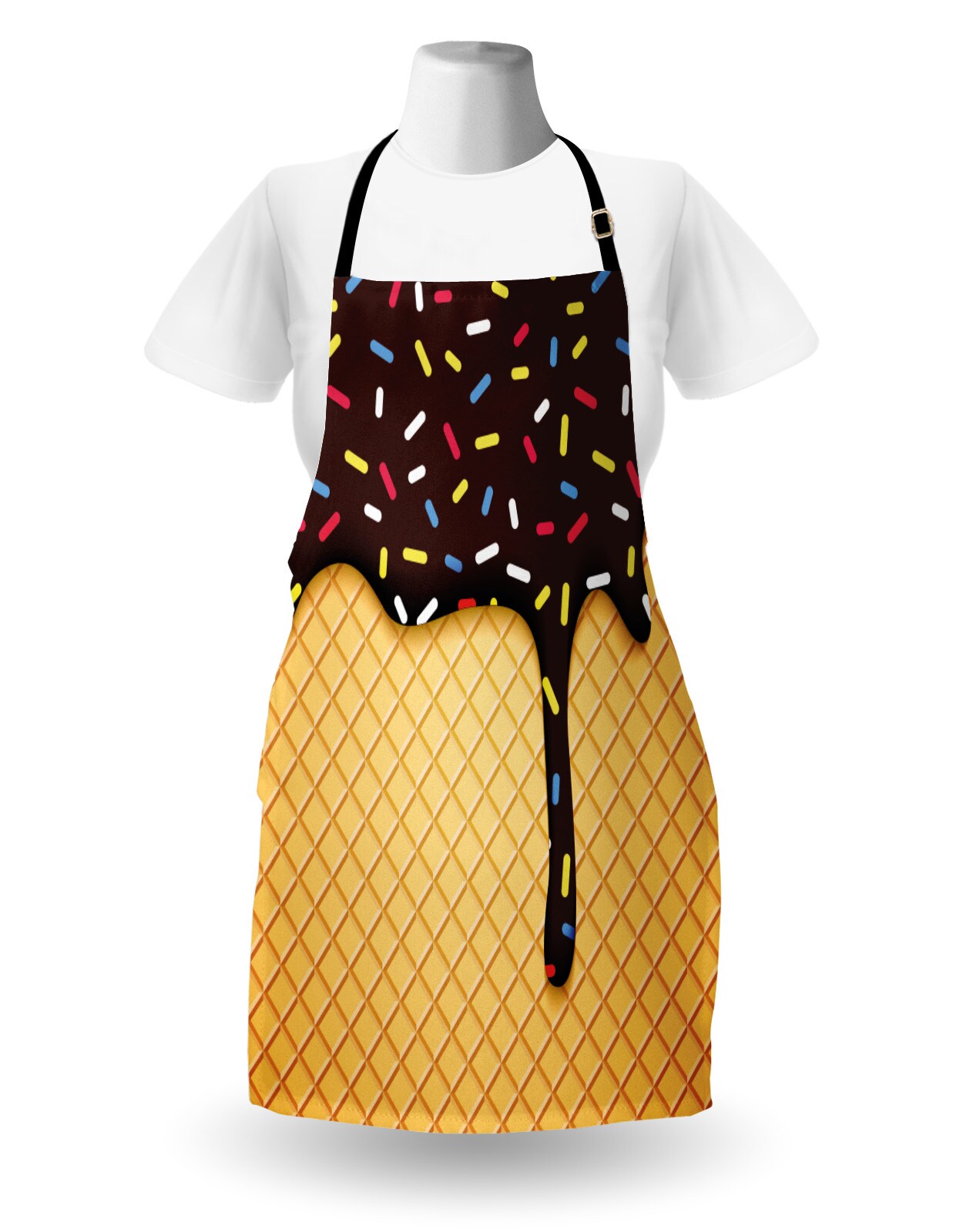Ambesonne Ice Cream Apron, Waffle Chocolate Flavor Dessert Delicious Yummy Backdrop Graphic, Unisex Kitchen Bib with Adjustable Neck for Cooking Gardening, Adult Size, Dark Brown Mustard