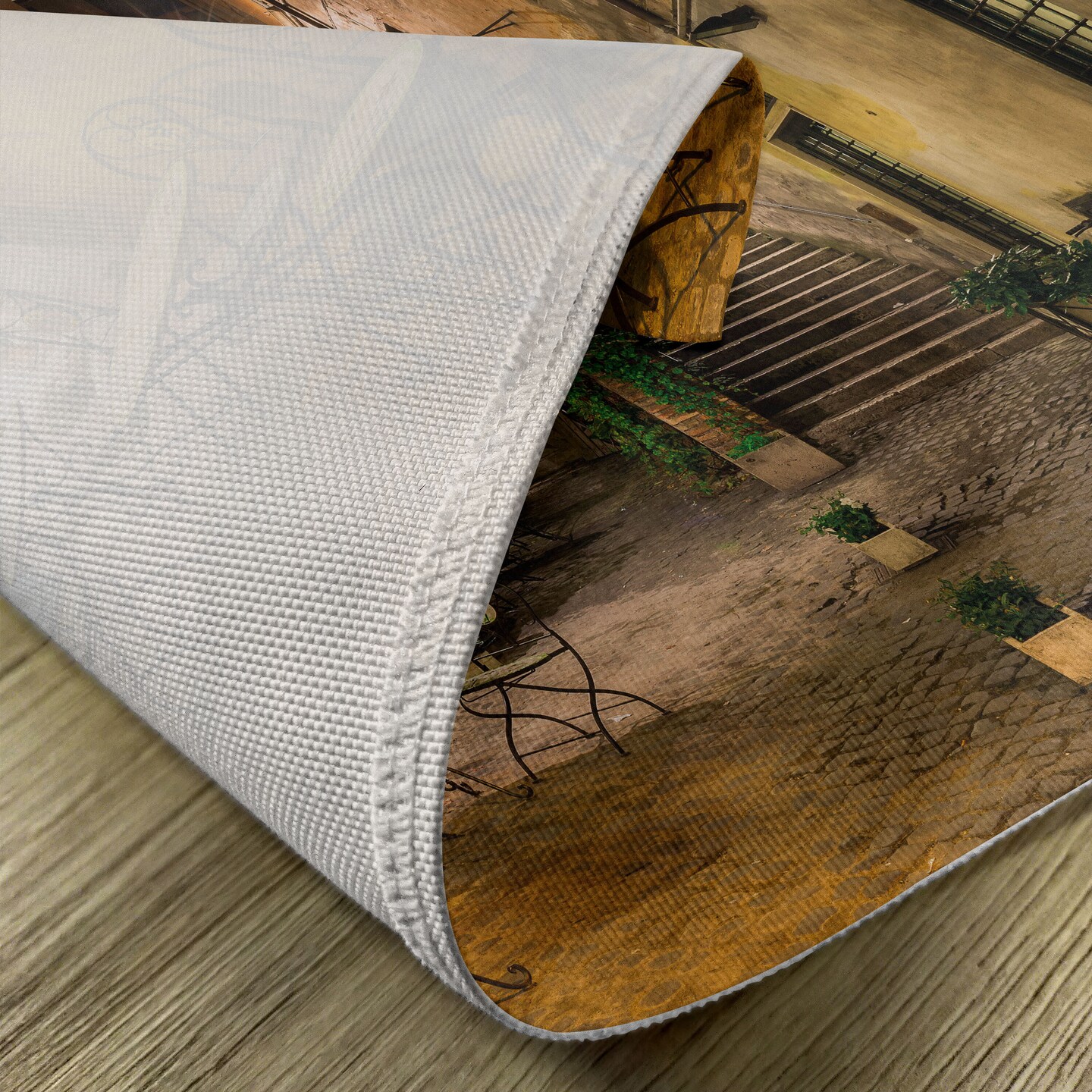 Ambesonne Italian Place Mats Set of 4, Old Courtyard Rome Italy Cafe Chairs City Historic Houses in Street, Washable Fabric Placemats for Dining Table, Standard Size, Pale Yellow Green Orange