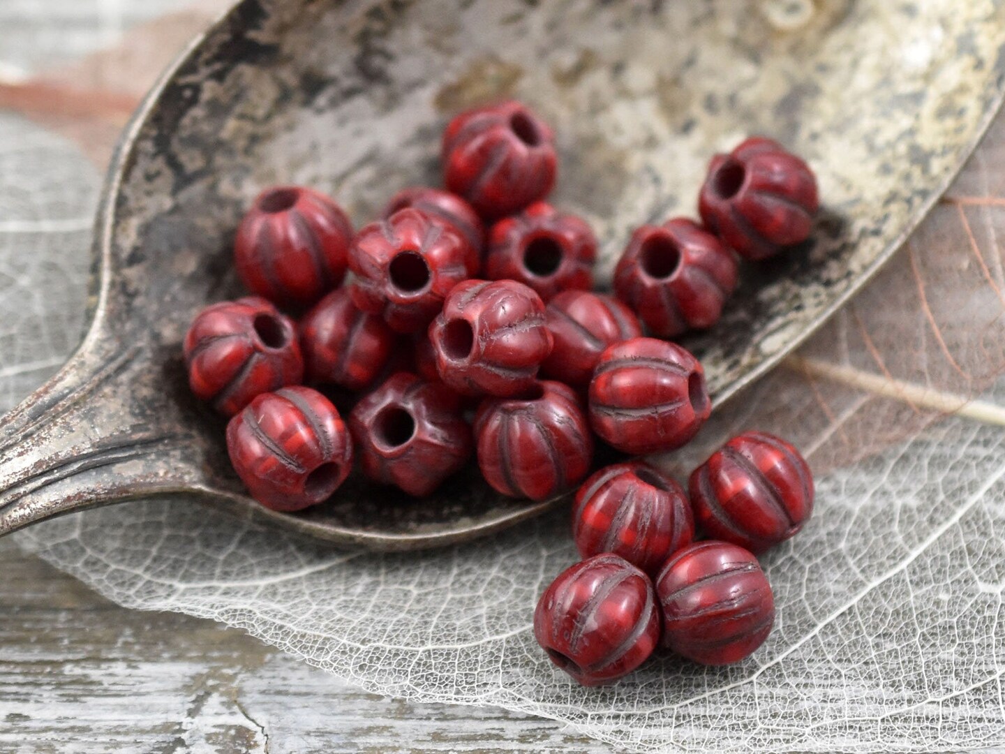 *20* 8mm Bronze Washed Ruby Red Large Hole Melon Beads