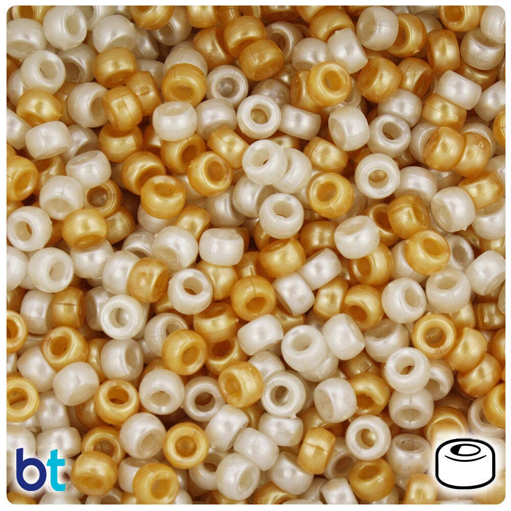 BeadTin Gold &#x26; Bridal Pearl 6.5mm Mini Barrel Plastic Pony Beads (1000pcs)