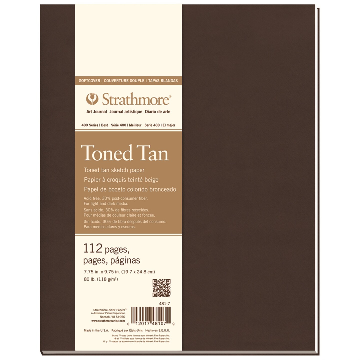 Strathmore 481-7 400 Series Softcover Toned Tan Art Sketch Journal, 7.75"x9.75", 56 Sheets