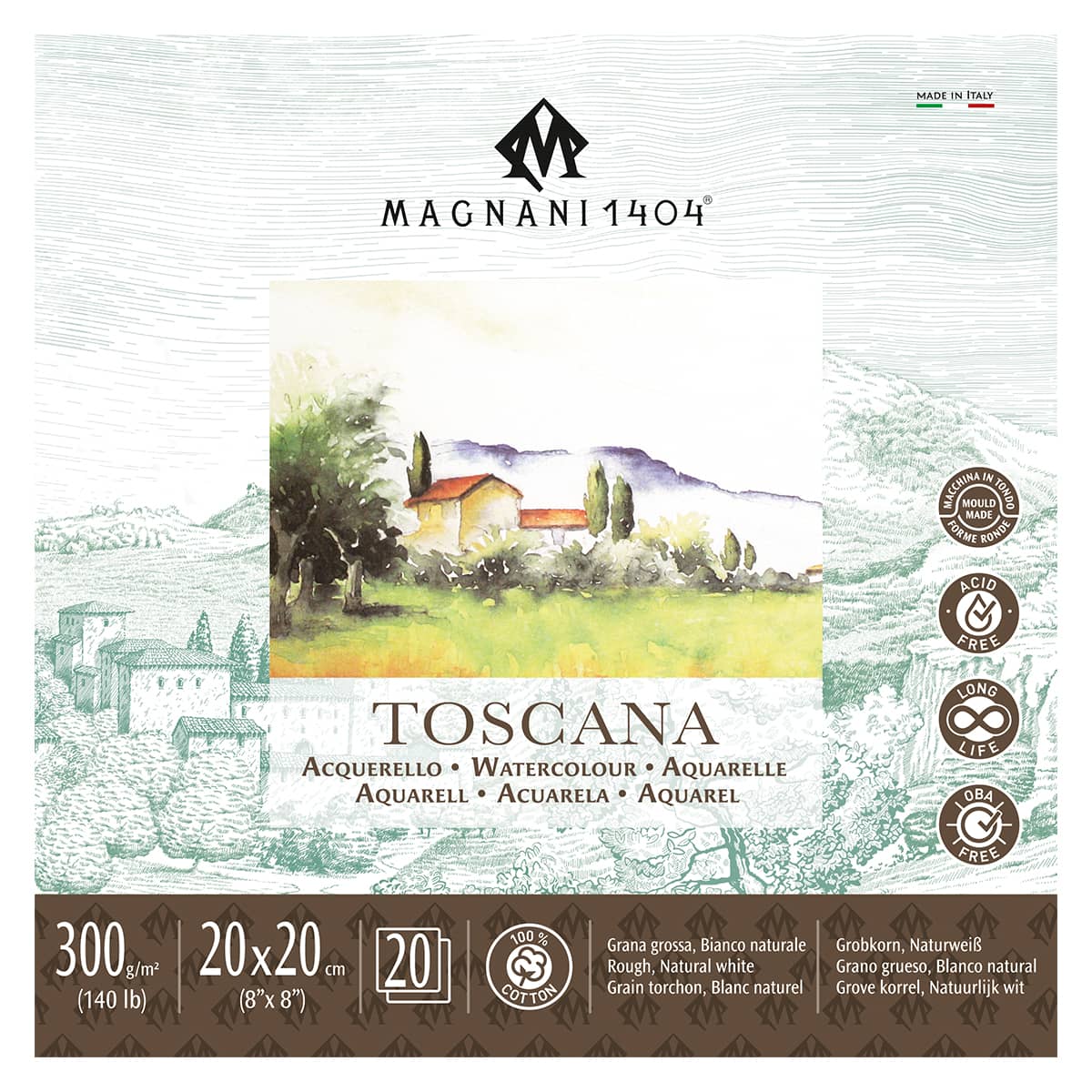 Magnani 1404 Toscana Rough 100% Cotton Watercolor Paper Pad, 20 Sheets, 140 lb, Acid-Free, UV Resistant, Deckled Edges, Vegan Sized Water Color Paper for Artists, Made in Italy