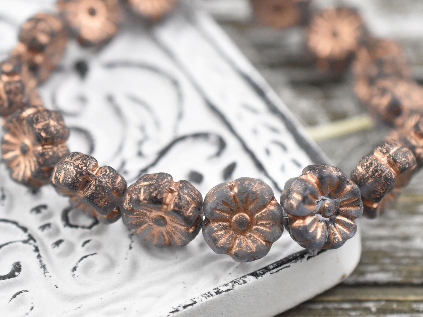 *16* 9mm Copper Washed Etched Translucent Grey Hawaiian Flower Beads