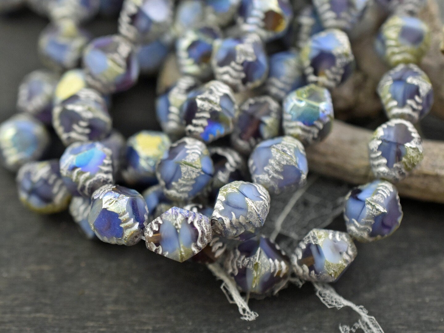 *15* 10x8mm Antique  Silver Washed Cornflower Violet AB Faceted Bicone Beads