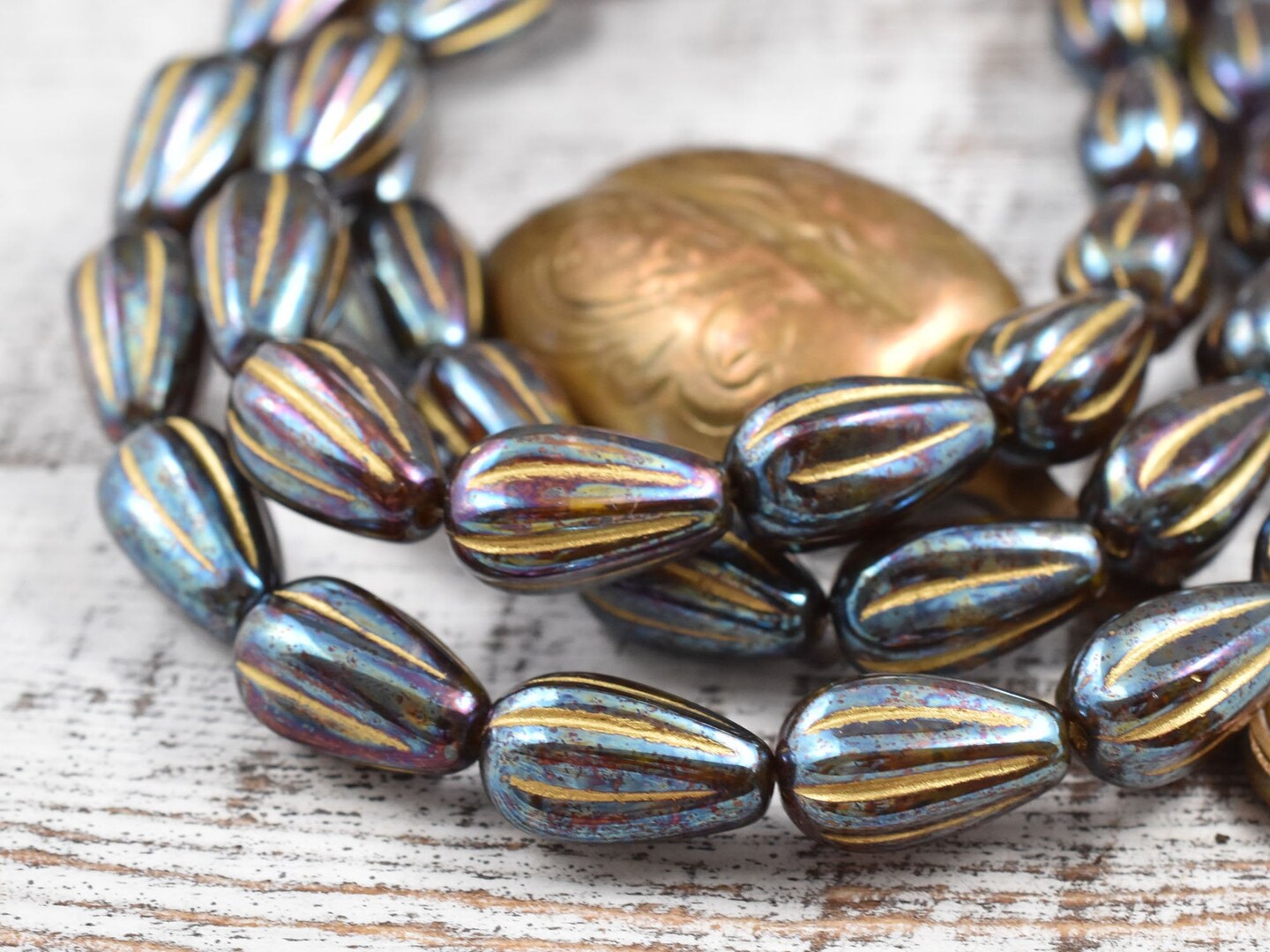 *6* 8x12mm Bronze Washed Root Beer Amber Iris Melon Drop Beads