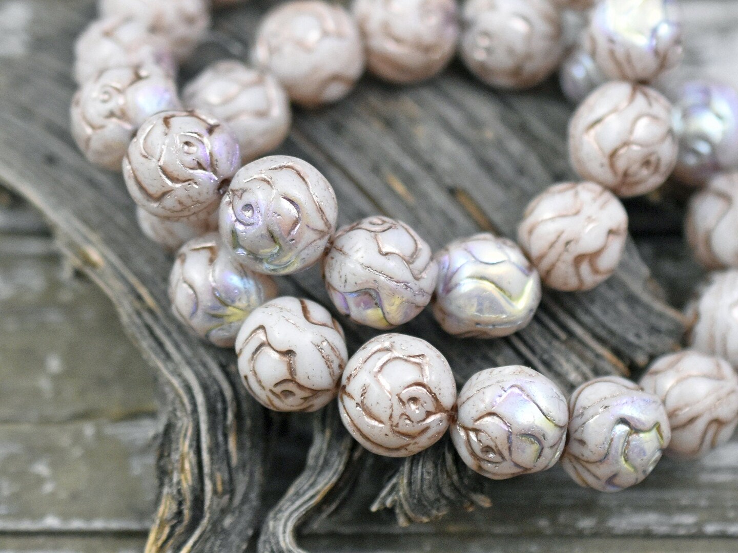 *15* 10mm Metallic Beige Washed White AB Round Rose Beads