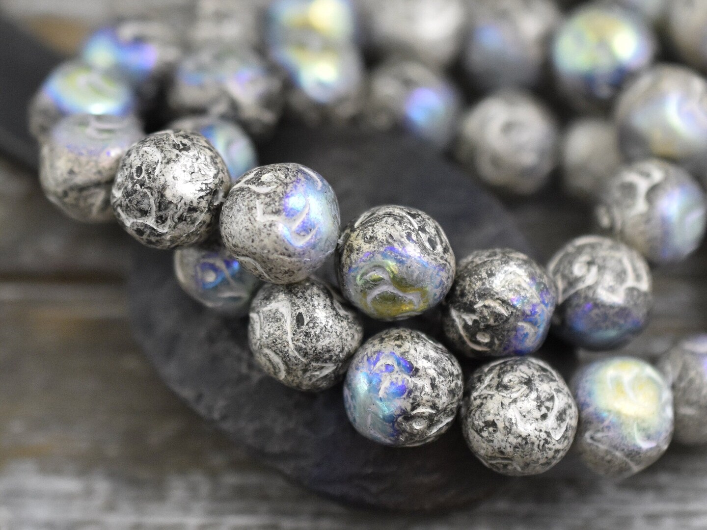 *15* 10mm Antique Silver Washed Jet Black AB Round Rose Beads