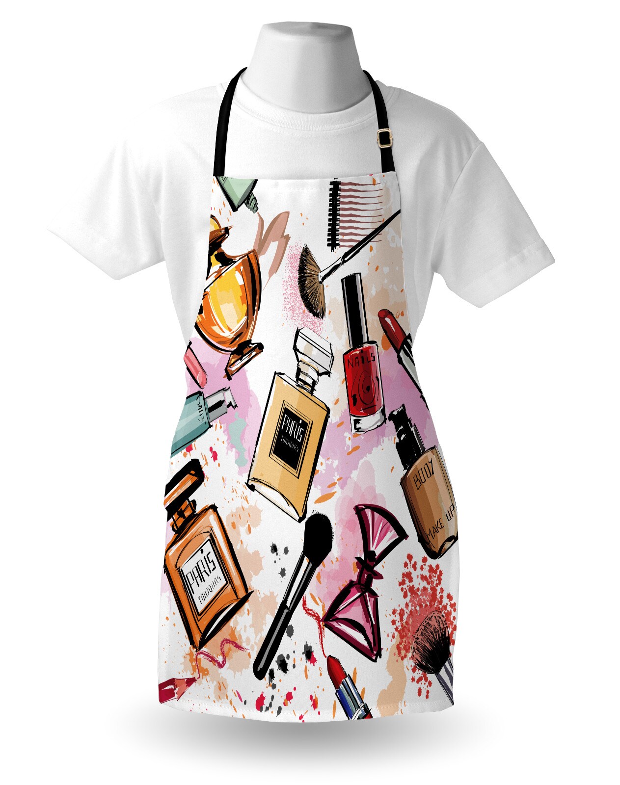 Ambesonne Fashion Apron, Cosmetic and Makeup Theme Pattern Perfume Lipstick Nail Polish Brush Modern, Unisex Kitchen Bib with Adjustable Neck for Cooking Gardening, Adult Size, Multicolor