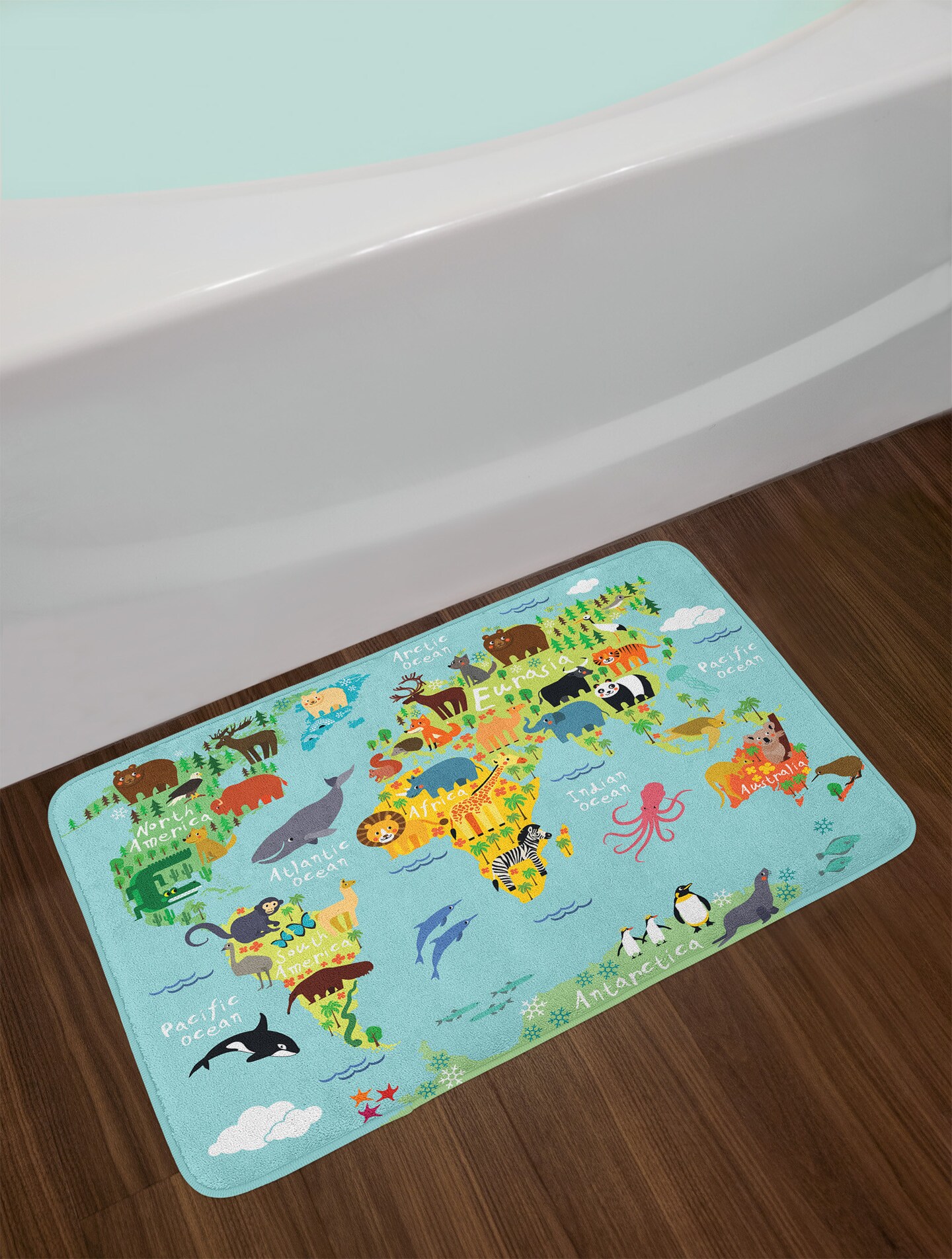 Ambesonne Wanderlust Bath Mat, Animal Map of The World for Children Kids Cartoon Mountains Forests, Plush Bathroom Decor Mat with Non Slip Backing, 29.5&#x22; X 17.5&#x22;, Pale Blue