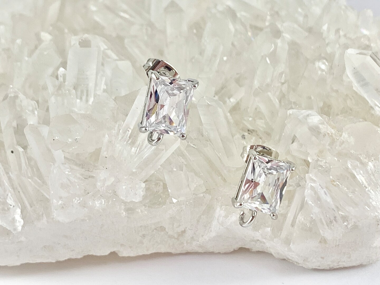 Emerald Cut DIY CZ Pave Earring Components Findings with loop in 18K gold or Silver Plated over Copper 1 pair