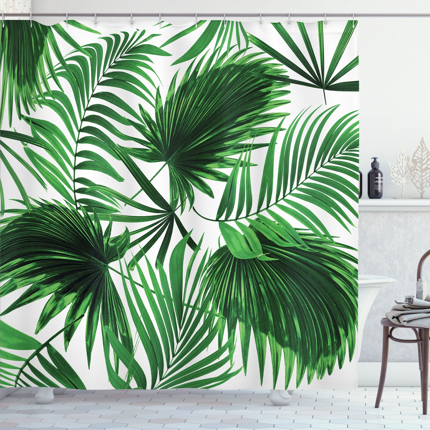 Ambesonne Palm Leaf Shower Curtain, Realistic Vivid Leaves of Palm Tree Growth Ecology Botany Themed Print, Cloth Fabric Bathroom Decor Set with Hooks, 69" W x 84" L, Fern Green White