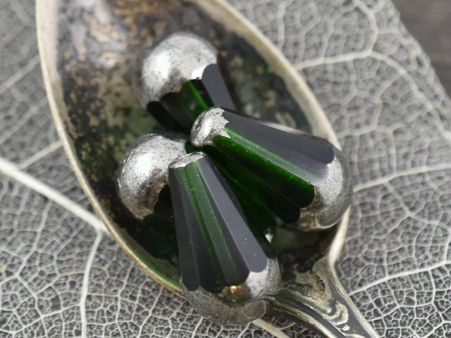 *4* 8x15mm Silver Tipped Emerald Green Faceted Drop Beads