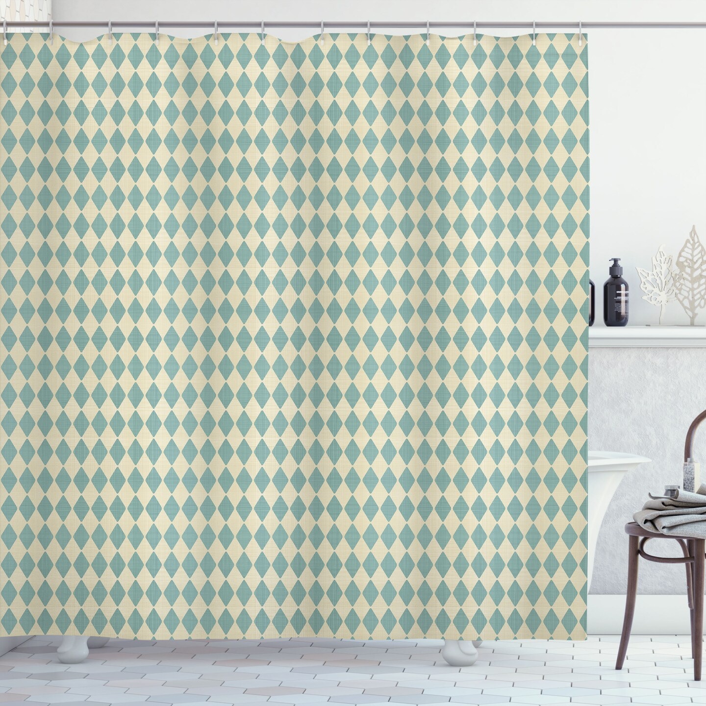 Ambesonne Geometric Shower Curtain, Rhombus Pattern with Retro Design Inspirations Vintage Argyle Arrangement, Cloth Fabric Bathroom Decor Set with Hooks, 69&#x22; W x 70&#x22; L, Beige Teal