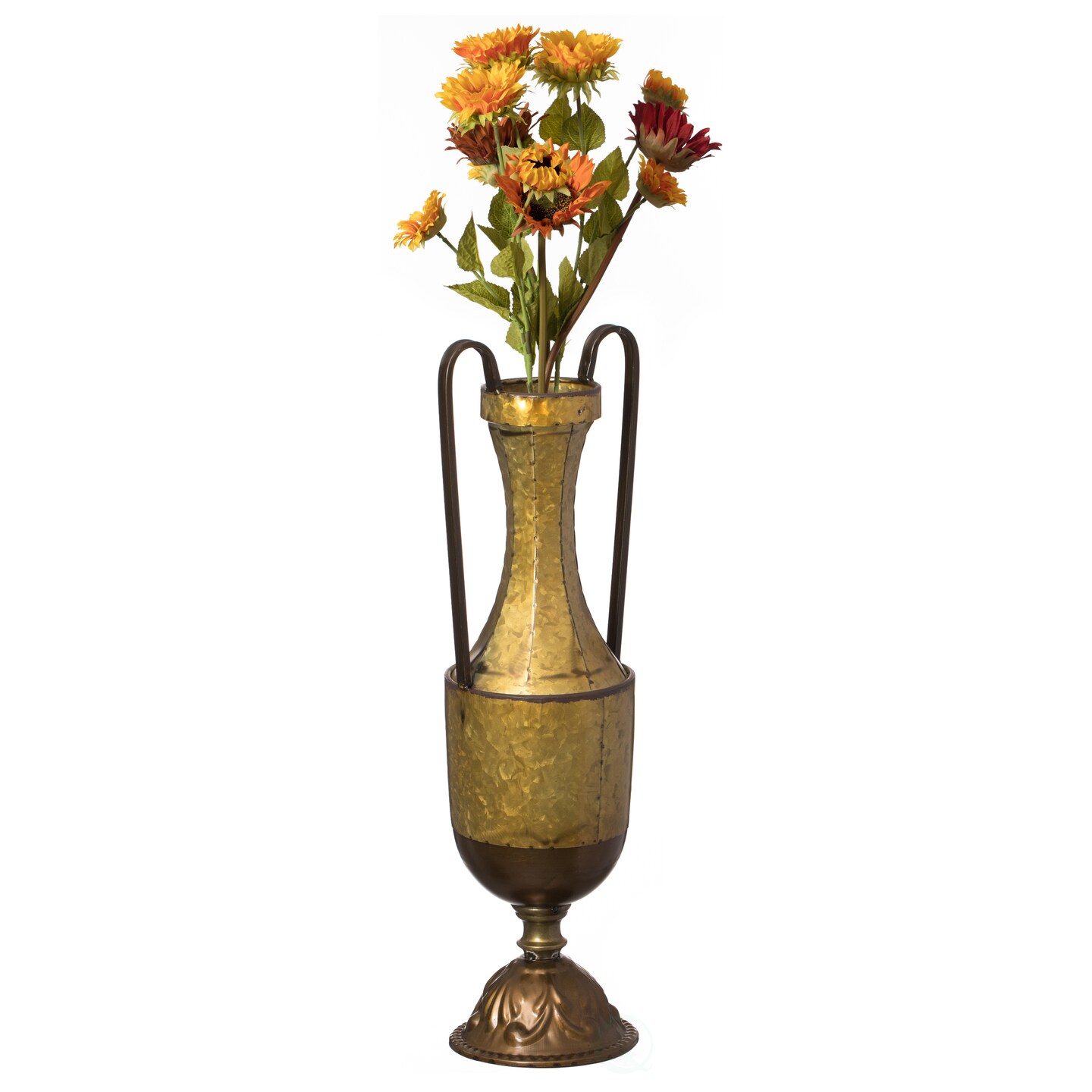 Decorative Antique Style Metal Jug Floor Vase with 2 Handles - Vintage Inspired Rustic Design for Entryway, Living Room, or Dining Room - Tall Elegant Home Decor Accent - Classic Metal Vase