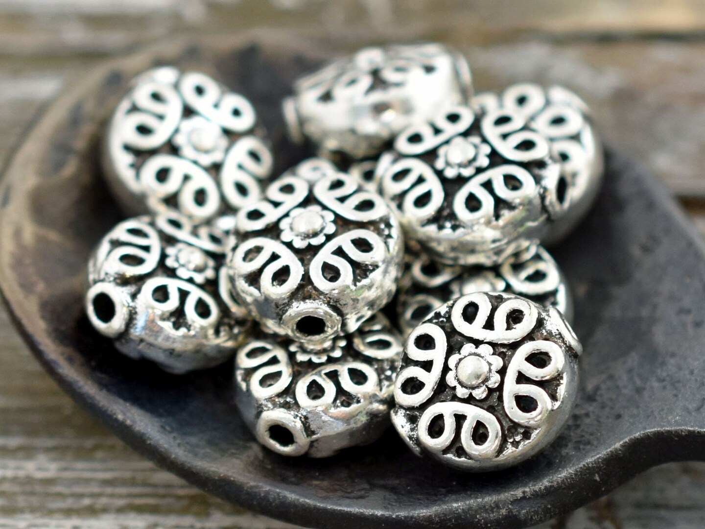 *50* 10mm Antique Silver Ornate Coin Spacer Beads