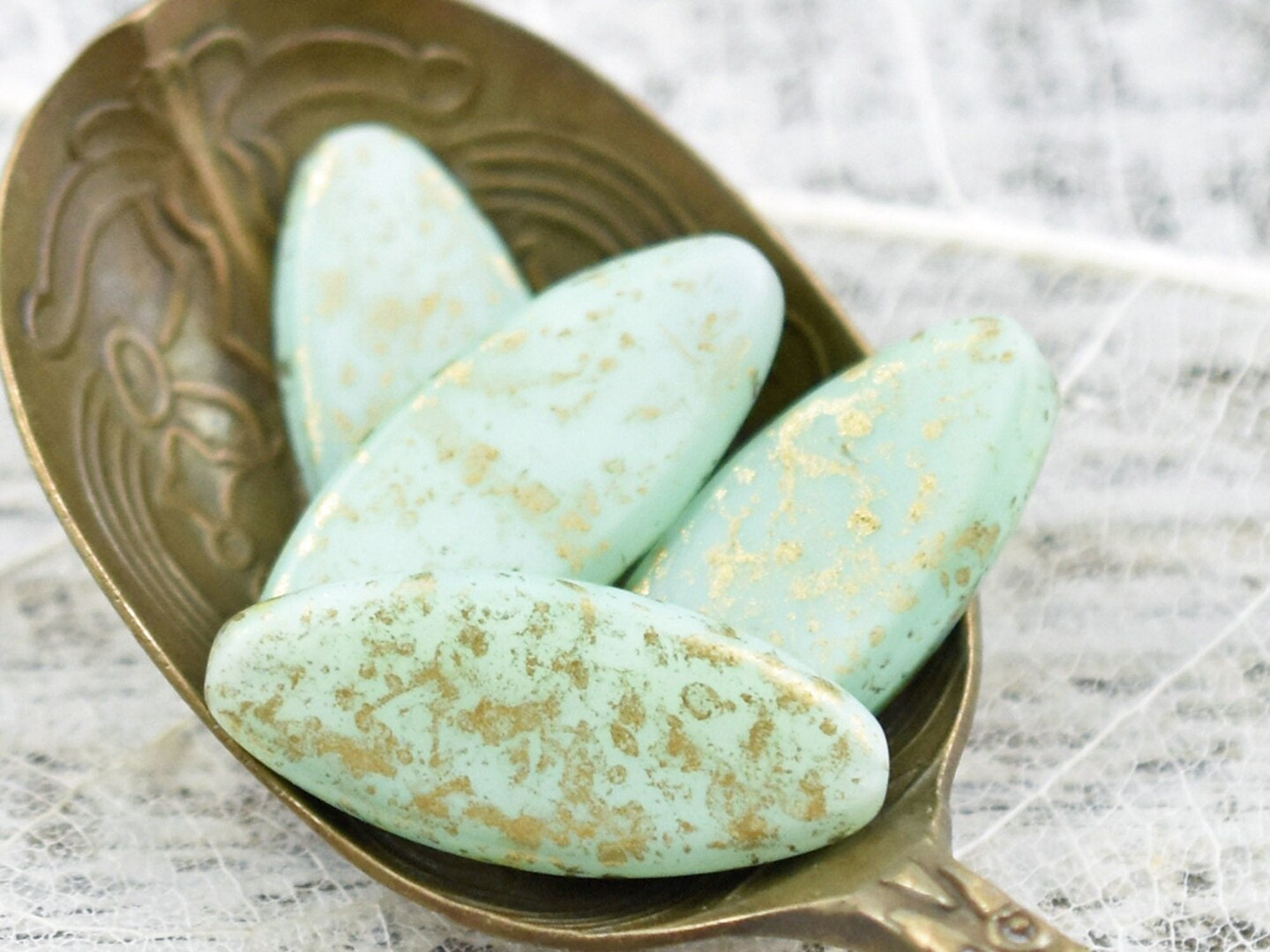 *4* 20x8mm Gold Washed Matte Mint Green Spindle Beads