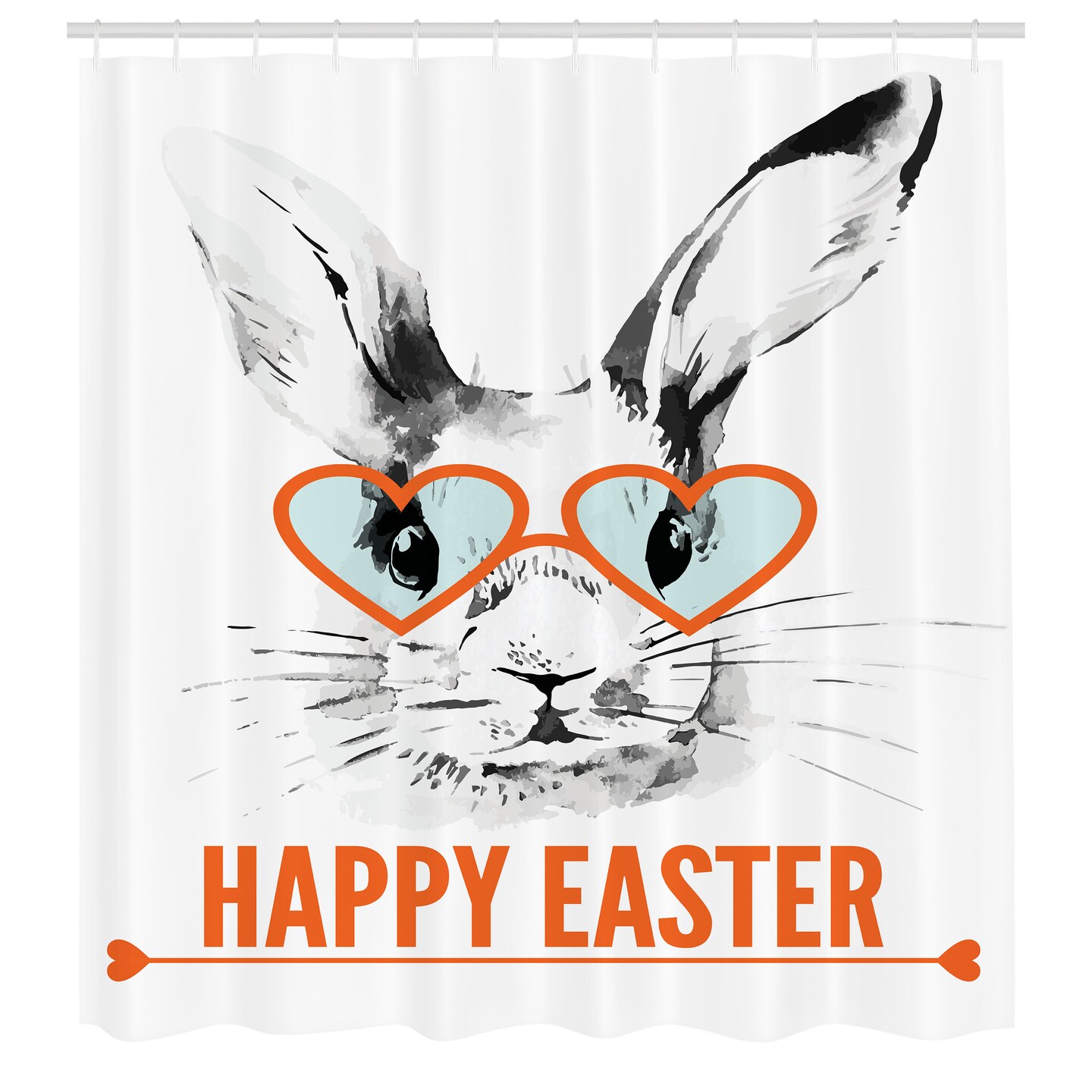 Ambesonne Happy Easter Shower Curtain, Watercolor Bunny and Heart Shapes Glasses, Cloth Fabric Bathroom Decor Set with Hooks, 69" W x 70" L, Burnt Orange Dark Grey