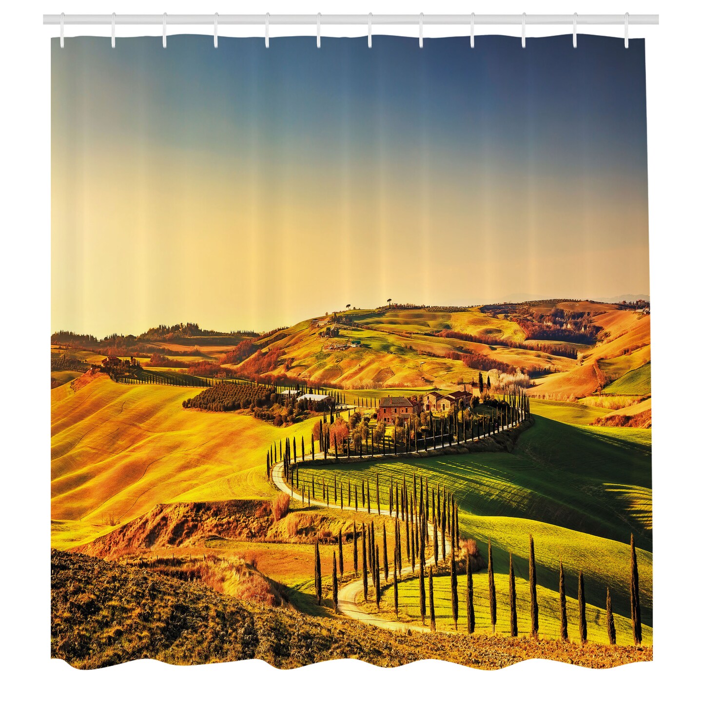 Ambesonne Italy Shower Curtain, Tuscany Crete Senesi Rural Landscape Cypress Trees Country Farmland Europe, Cloth Fabric Bathroom Decor Set with Hooks, 69&#x22; W x 70&#x22; L, Marigold Green