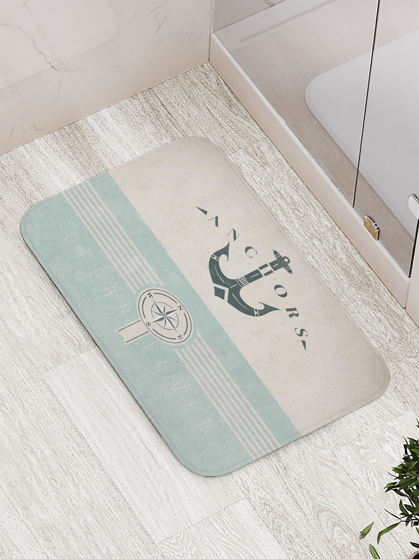Ambesonne Nautical Bath Mat, Vintage Marine Design for Ocean Lovers Anchor Compass and Stripes, Plush Bathroom Decor Mat with Non Slip Backing, 29.5&#x22; X 17.5&#x22;, Beige Turquoise