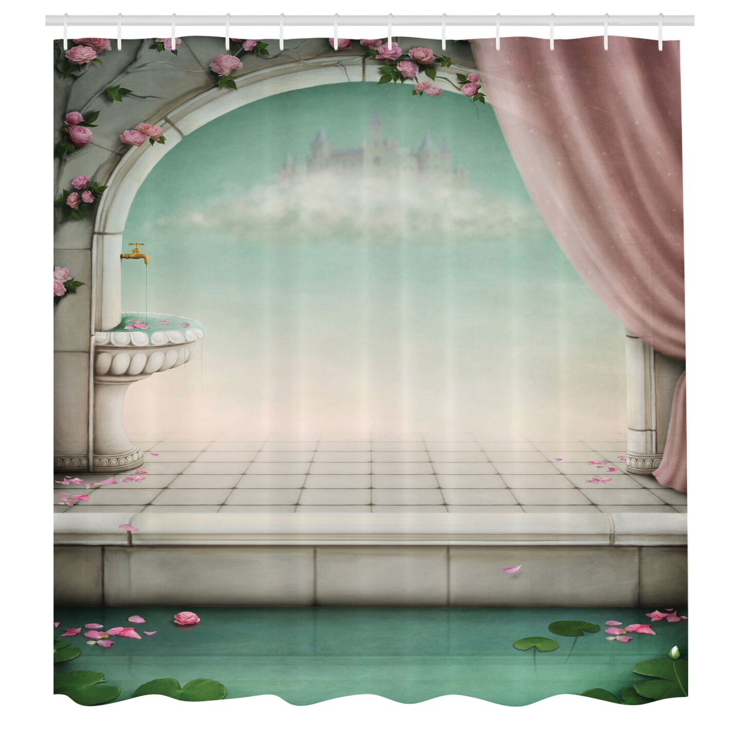 Ambesonne Irish Shower Curtain, Pastel Design Imaginary Place Tale Clouds Curtains of Royal Balcony Far Away Land Illustration Artwork, Fabric Bathroom Decor Set with Hooks, 69&#x22; W x 75&#x22; L, Green Pink
