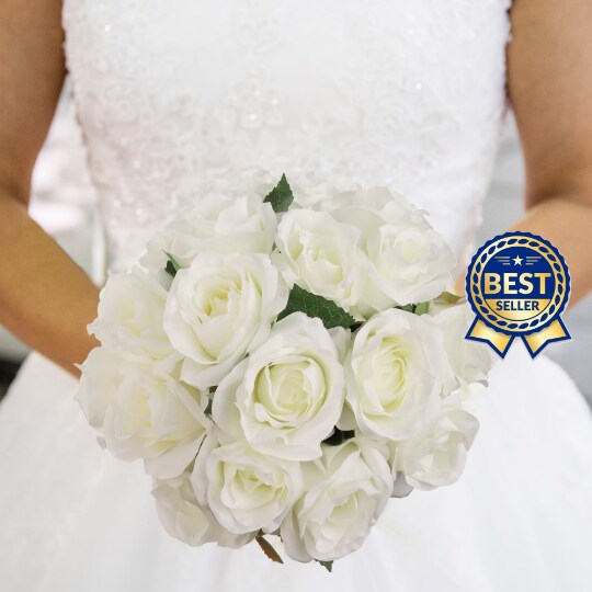 White Rose Haven: 12 Pack of 18&#x22; Silk White Rose Stems - Realistic Faux Flowers in Bulk for Weddings, Home Decor and DIY Projects