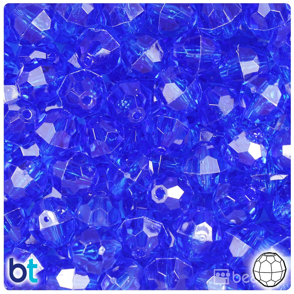 BeadTin Dark Sapphire Transparent 12mm Faceted Round Plastic Craft Beads (180pcs)