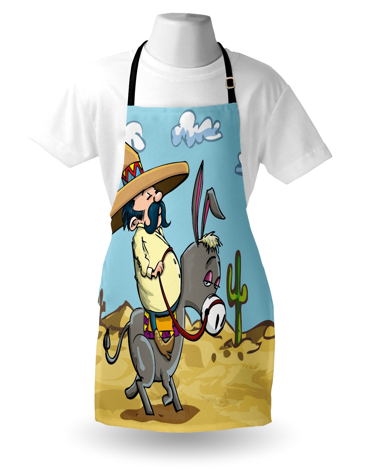 Ambesonne Cartoon Apron, Mexican Man Wearing Sombrero Hat Riding a Donkey in the Desert with Cactus Plants, Unisex Kitchen Bib with Adjustable Neck for Cooking Gardening, Adult Size, Multicolor