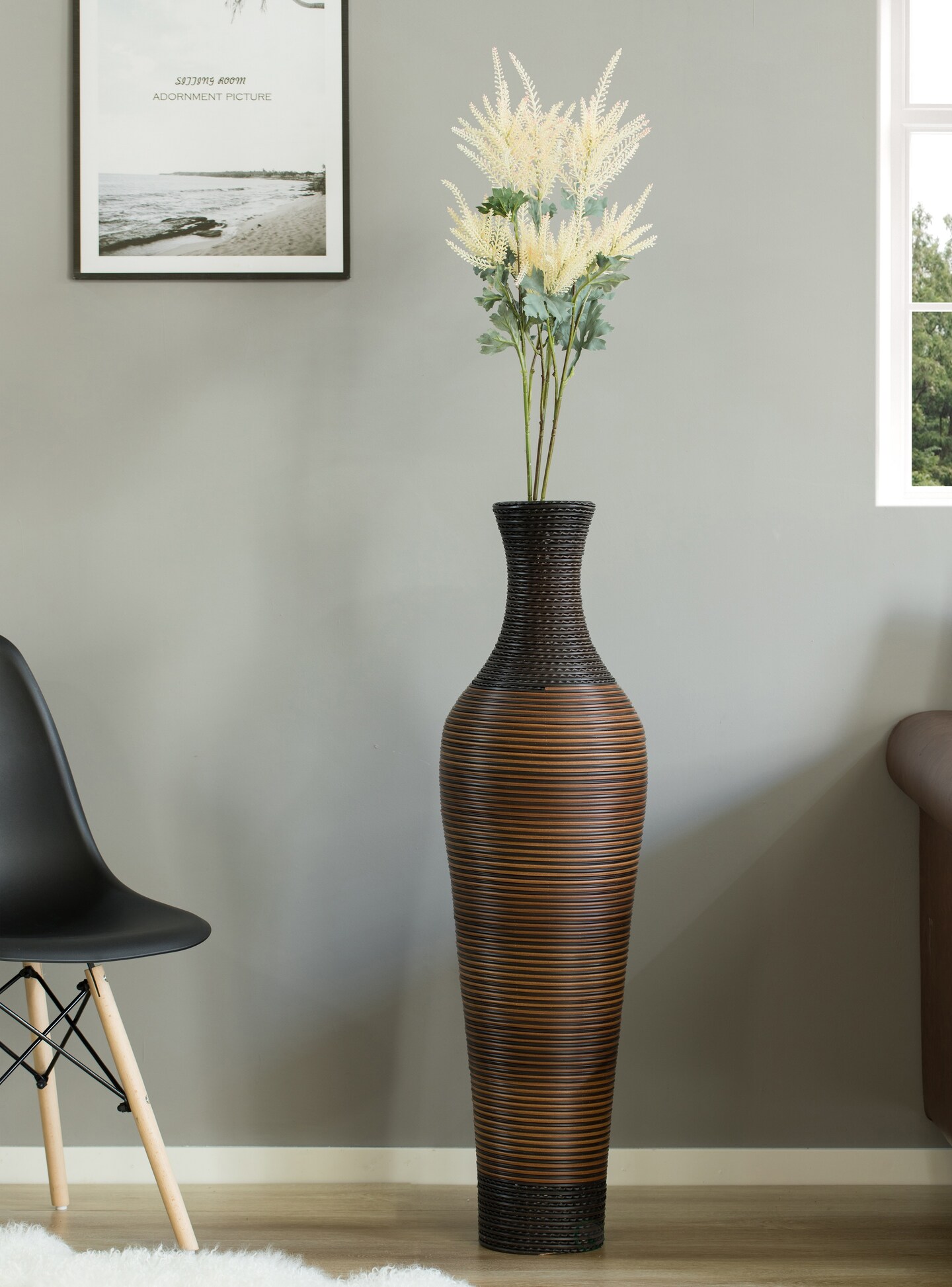 39-Inch Tall Standing Designer Floor Vase - Durable Artificial Rattan - Elegant Two-Tone Dark Brown Finish - Ideal Decor Accent for Living Room, Bedroom, Entryway - Stylish Home Decor Statement Piece