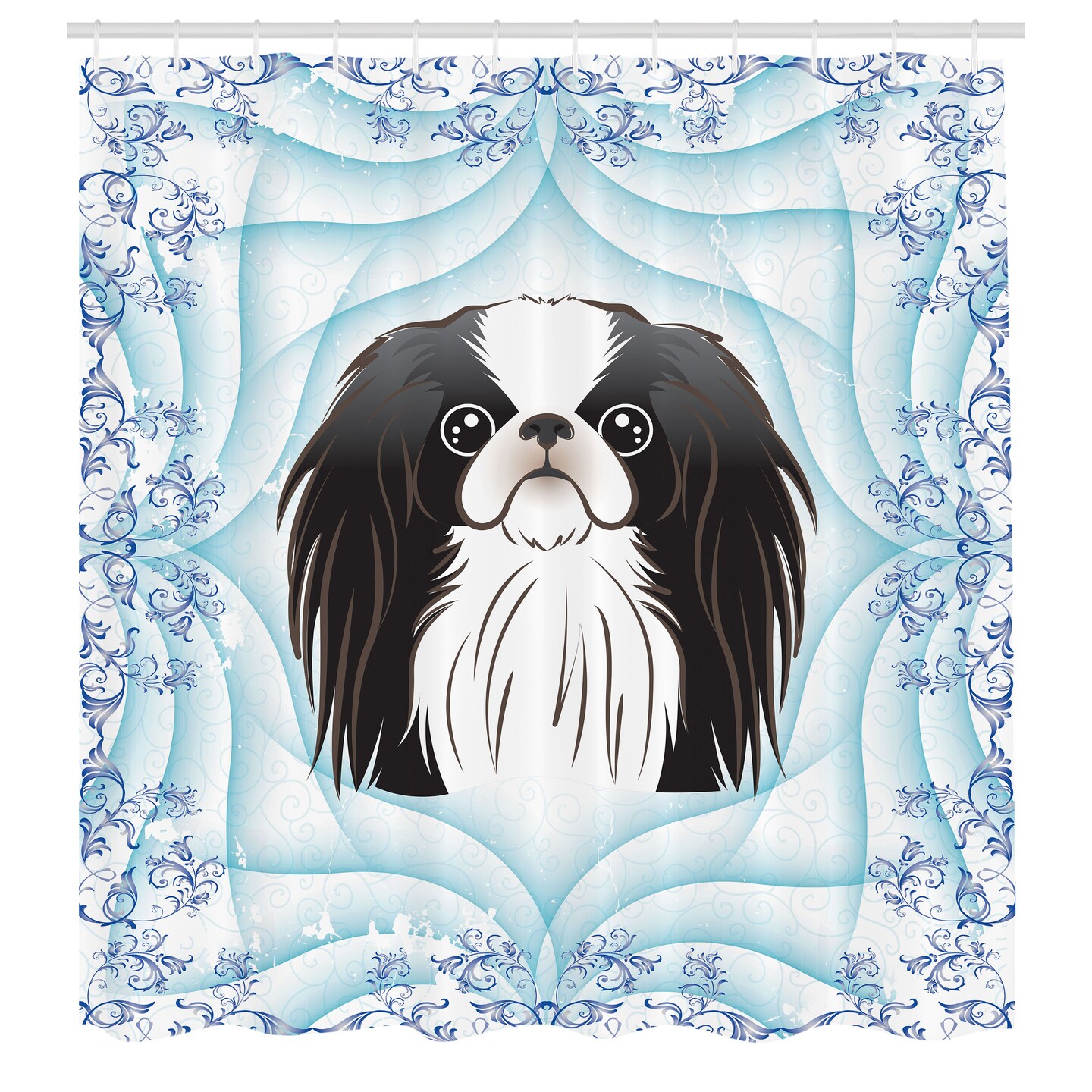 Ambesonne Dog Shower Curtain, Funny Cartoon Puppy in Curlicue Floral Frame, Cloth Fabric Bathroom Decor Set with Hooks, 69&#x22; W x 70&#x22; L, Pale Blue Lavender Blue