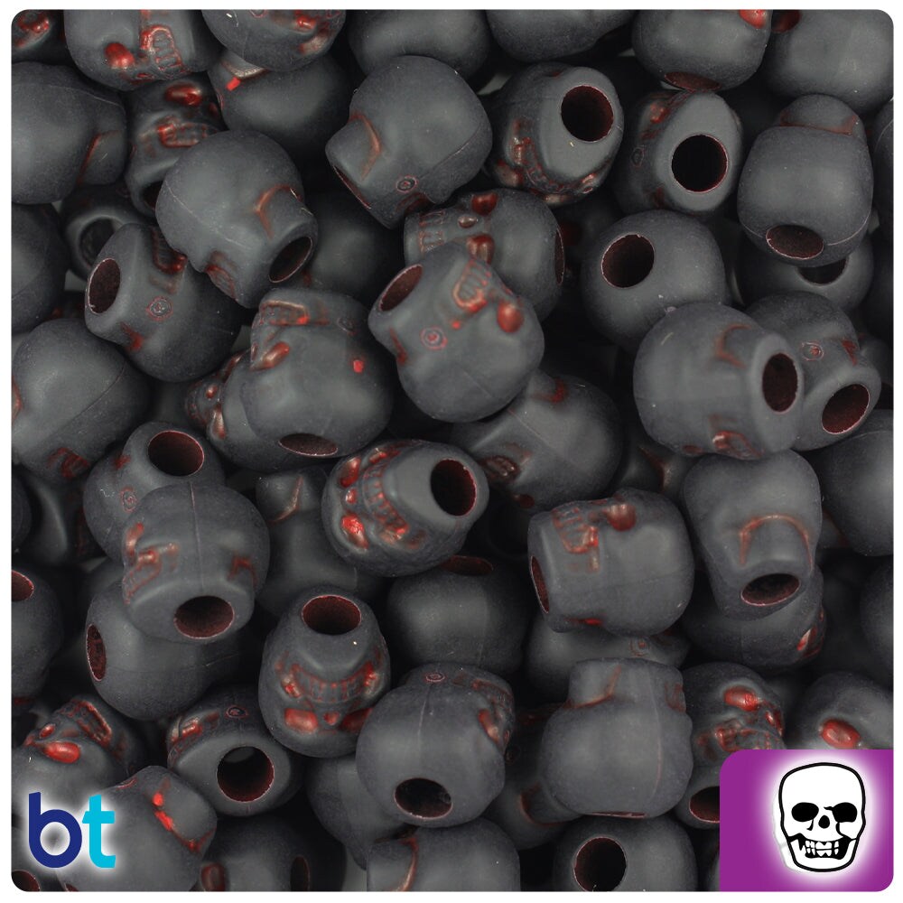 BeadTin Black &#x26; Red Antique 11mm Skull Plastic Pony Beads (150pcs)